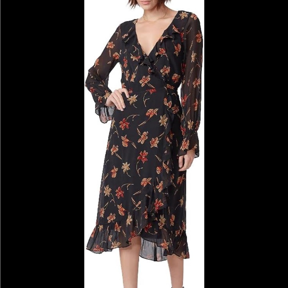 PAIGE Red and Black Ruffled Wrap Dress with Bishop Sleeves